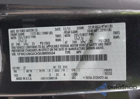2016 Ford Escape Se from USA, damaged, VIN 1FMCU9GX3GUB85524